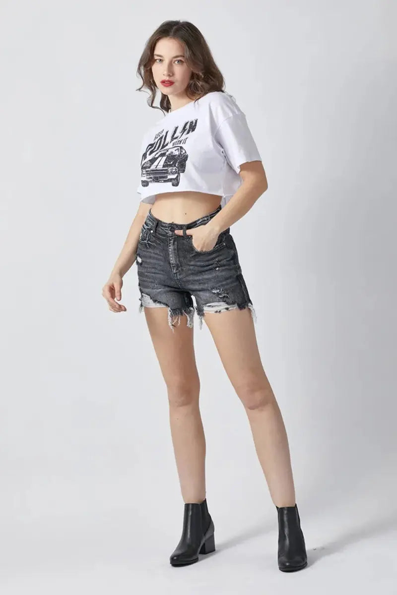 RISEN Full Size High Rise Distressed Denim Shorts Women - Love Salve